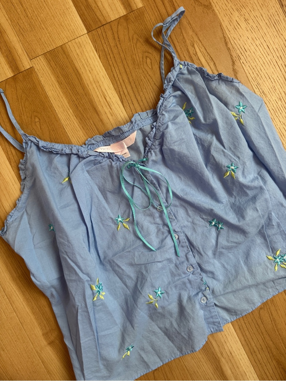 Vintage Victoria’s Secret Y2K Light Blue Embroidered Floral Tie-Front Cami
